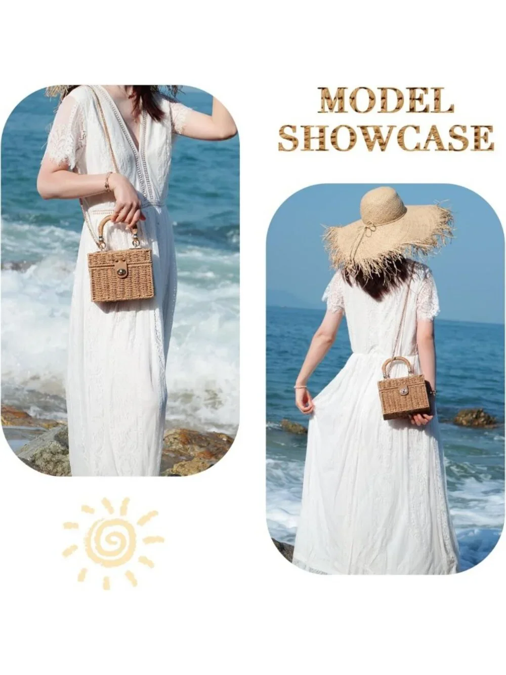 Handwoven Rattan Beach Tote Bag | Square Boho Crossbody Handbag for Women
